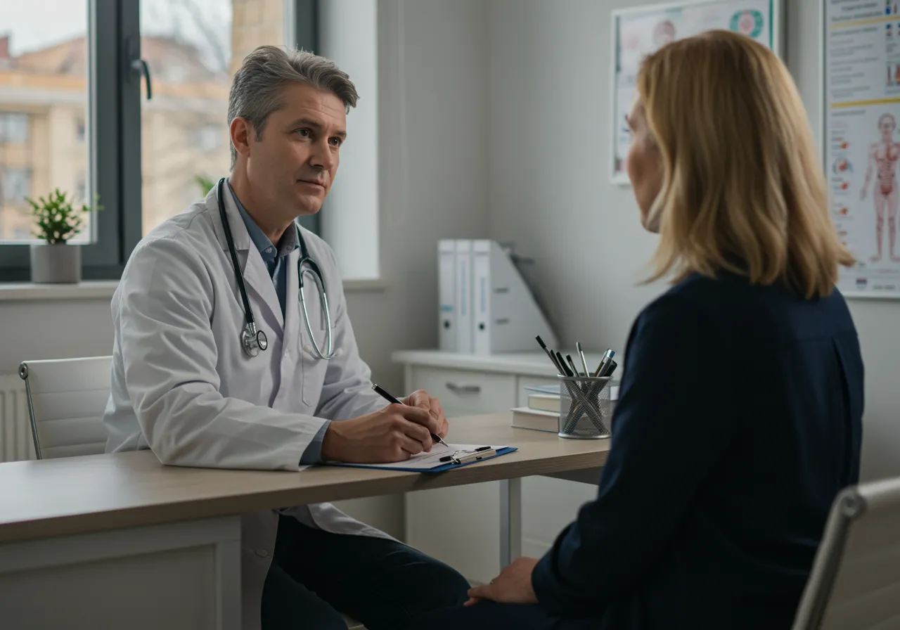 imagen1 1 1 "Consultorio médico moderno y acogedor con doctor blanco en bata atendiendo a un paciente, ideal para una página de salud personalizada."